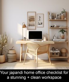 Dreaming of a clean, stunning Japandi style workspace? Follow this checklist for the perfect Scandinavian and Japanese design approach for productivity. Scandinavian Interior Office, Office Japandi, Japanese Office Design, Office Checklist, Ideas For Bed, Japandi Home Office, Guest Bedroom Home Office, Bedroom Workspace