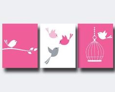 three pink and white wall art prints with birds in cages on the branch, one bird is