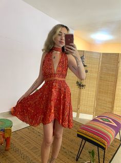 this silky bohemian dress is so adjustable! you can tie it is many many ways and styles️ it's a one loss size, dress has an elastic waist and ties to fit your body 🌱 fabric is soper soft and light  good form xs-small l ️ model is 1.67 cm high  thanks  💜 Hippie Hoco Dresses, Flowy Sundress Backless Dress, Flowy Backless Sundress, Flowy Backless Mini Dress, Beach Mini Backless Dress With Tie Back, Backless Mini Dress With Tie Back For Beach, Flowy Backless Sundress With Tie Back, Fitted Boho Print Summer Mini Dress, Fitted Boho Print Mini Dress For Summer