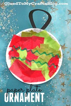 a paper plate ornament made out of watermelon and green leaves with the words paper plate ornament on it