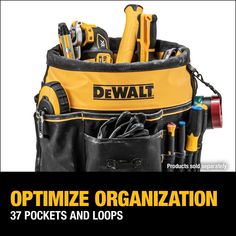 an open tool bag with tools in it and the words, optimize organization 37 pockets and loops