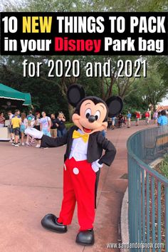 a person in mickey mouse costume standing next to a fence with text overlay reading 10 new things to pack in your disney park bag for 2020 and 2021