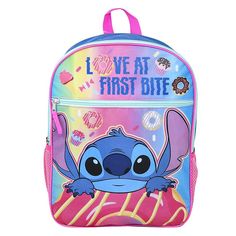 a backpack with the words i love at first bite printed on it and an image of stitch