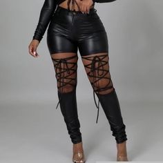 Good Stretch Lace Up Back Pockets Zipper And Button Closure Black Leather Pants For Clubbing, Casual Style, Edgy Leather Pants For Club And Spring, Blue Plaid Pants, Cutout Pants, Colorblock Pants, Black Playsuit, Black Overalls, Purple Leggings, Pinstripe Pants