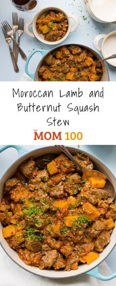 moroccan lamb and butternut squash stew in a pan with spoons on the side