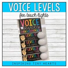 a poster with the words voice levels for touch lights in front of white wood planks