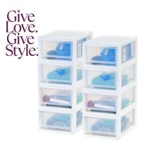 three clear plastic drawers with blue shoes on top and the words give love, give style