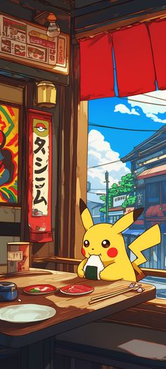 a pikachu sitting at a table in front of a store window with food on it