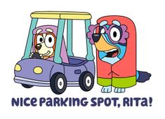 two cartoon characters riding in a car with the words nice parking spot, rira