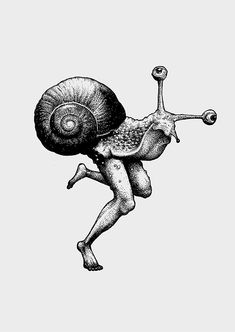 a black and white drawing of a man with a snail on his back, running