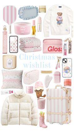 a collage of pink and white items with the words glos christmas wishlist