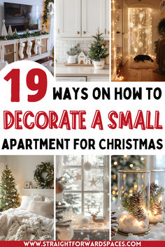 Festively decorated small apartment with a Christmas tree, holiday lights, and cozy decorations in the living room, hallway, and kitchen.