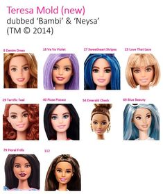 there are many dolls with different hair colors and names on the front of each doll