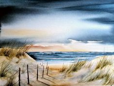 watercolor painting of beach scene with fence and ocean in the foreground, dark clouds above