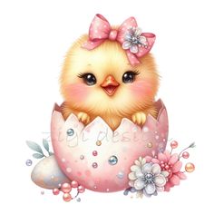 a baby chick in an egg with pink bows on her head and flowers around its neck