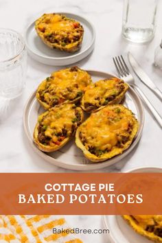 an image of baked potatoes on a plate with the title cottage pie baked potatoes above it