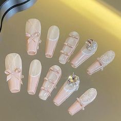 ✨【High Quality Material】Using safe, non-toxic and environmentally friendly acrylic nail glue, different sizes of false nails allow you to choose the right nail size. 🙌【Say Goodbye Nail Polish】These designed fake nails are ready to wear and require no nail polish, UV lights and drying time, you can get a salon-quality manicure at home in minutes. 🕚【Long-lasting and Safe】These reusable press-on nails can last up to about 1 week with normal care, and will last longer with glue. 💟【What will you get? 】Fake nails, adhesive tablets, cleaning tablets, mini file, cuticle stick. 🎁【Perfect Gift】These nails are a perfect gift for girlfriends, wives, women and girls. Suitable for parties, proms, dates, weddings, etc. 📢Note: If we send you the wrong set, I will refund you or send you a brand new se Medium Long Nails, Nails Y2k, Ballet Nails, Fake Nails Designs, Press On Nails Medium, Asian Nails, Nails Cute, Y2k Nails, Blush Nails