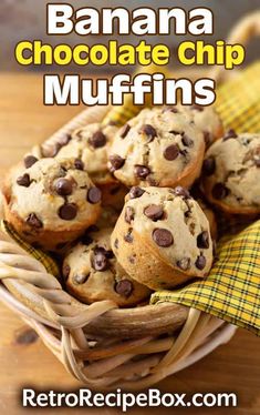 banana chocolate chip muffins in a basket