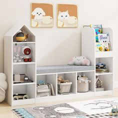 a child's room with toys and bookshelves