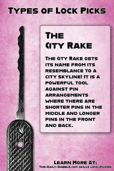 a pink poster with an image of a guitar in the middle and text that reads types of lock picks