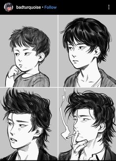 four different pictures of a man with black hair