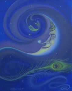 a painting of a woman's face on top of a peacock tail with the moon and stars in the background