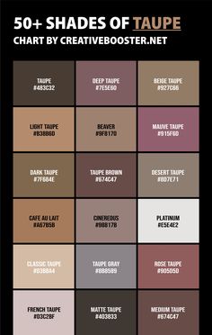 the 50 shades of taupe chart with different colors and font on it for each color