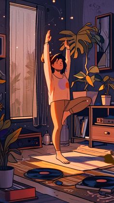 a woman is doing yoga in her living room with plants and records on the floor