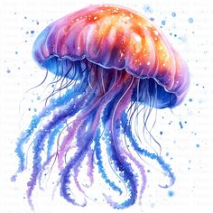 a watercolor painting of a jellyfish in purple and orange colors on a white background