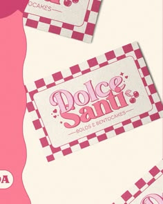 two pink and white business cards with checkered design on them, one for dolce santi