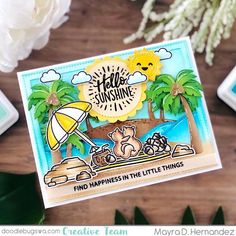 a card with the words hello sunshine and an image of a beach scene on it