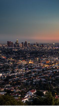 the city lights shine brightly in the distance as seen from atop a hill at dusk