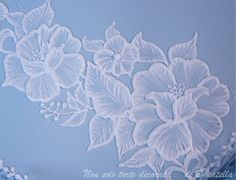 a blue background with white flowers and leaves on the bottom half of the image is very detailed