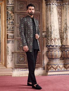 Look your charming best in evening ensembles with this black terry rayon indowestern, which is crafted in terry rayon fabric with a embroidery work. Comes with a bottom. Western Formal Wear, Wedding Suits Men Black, Western Suits, Wedding Suits Men, Indian Ethnic Wear, Wedding Wear