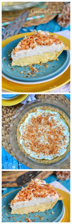 three different views of a pie with coconut toppings on the top, and bottom