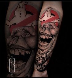 two tattoos on the legs of people with scary faces