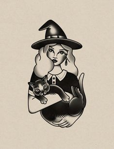 a drawing of a woman holding a cat in her arms and wearing a witches hat