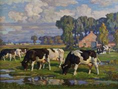 a painting of cows grazing in a field near a pond and farm house on a cloudy day