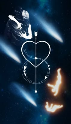 an image of two people flying through the air with arrows in their hands and heart shaped shapes above them