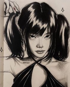 a black and white drawing of a girl with bangs