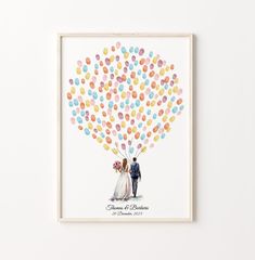 a wedding card with a couple holding balloons in the shape of a heart on it