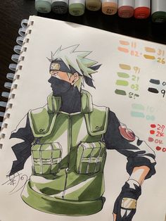 a drawing of an anime character wearing a green vest