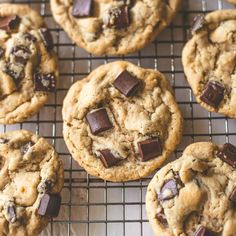 chocolate chip cookies cooling on a wire rack