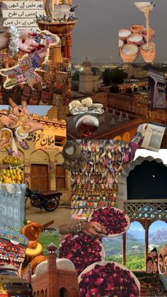 a collage of pictures with many different things in them, including food and decorations