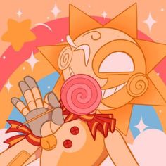 a cartoon character holding a lollipop in front of a sun and stars background