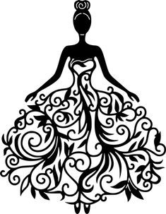 a black and white silhouette of a woman in a dress with swirls on it