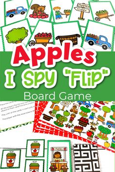 apples i spy flip board game with pictures on it and the words apple's i spy flip board game