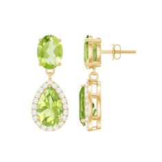 Product Details These Dangle Drop Earrings are embellished with Oval Cut Peridot Gemstone set in Prong Setting from which Pear Shape Peridot Gemstone is hanged which is encircled with Round Shape Diamond in Halo, crafted in a Gold. Product Information SKU SHP-EARRINGS062190496 Length 18.3 mm Width 7.9 mm Height 5 mm Weight 2.76 gm (Approximate) PERIDOT INFORMATION No.of Stones 4 Pieces Total Weight 3.30 Carat (Approximate) Dimension(approx) Oval-5X7 mm-2 PcsPear-6X8 mm-2 Pcs Color Green Cut Bril Peridot Earrings, Peridot Gemstone, Diamond Halo, Pear Shape, Halo Diamond