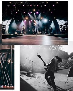 four different shots of people playing instruments on stage and in front of an audience at a concert