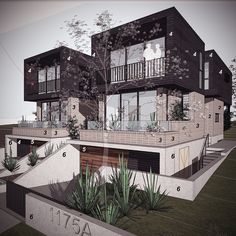 an architectural rendering of a modern house with balconies and plants on the balcony